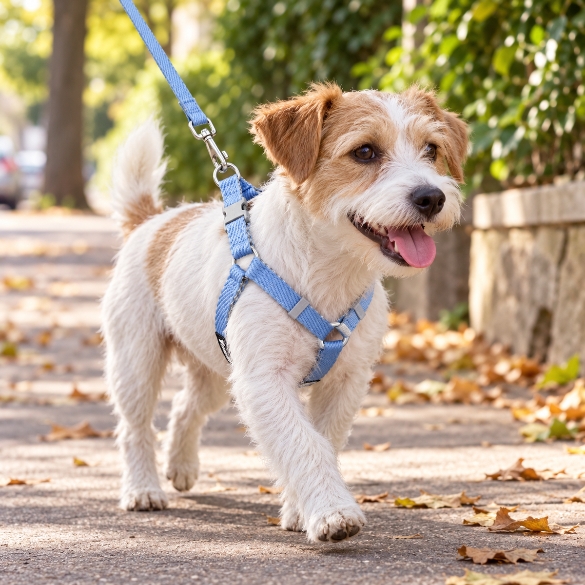 Kleine hond met blauw TriangleFit borsttuig