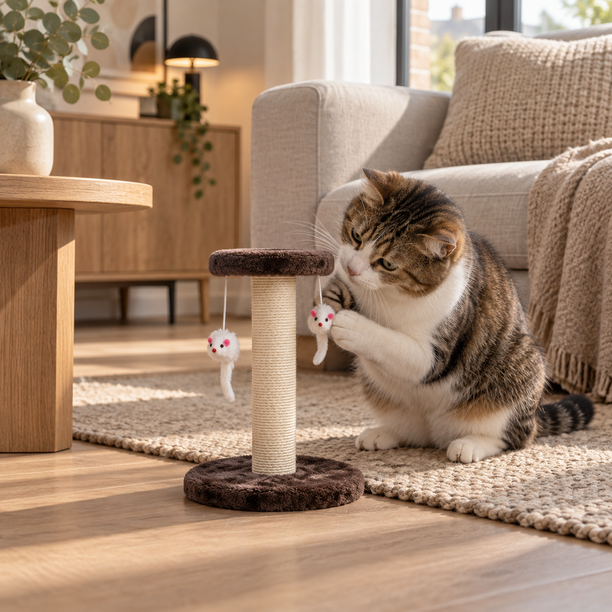 CozyScratch Mini compacte bruine krabpaal met kat in woonkamer