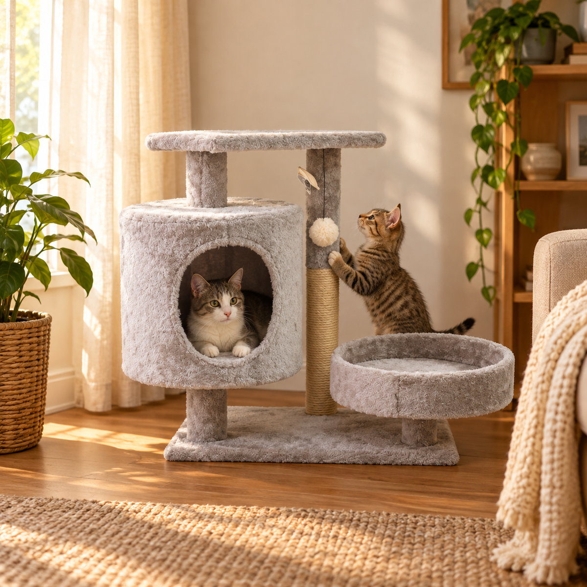 Compact kattenhuis met krabpaal in een woonkamer