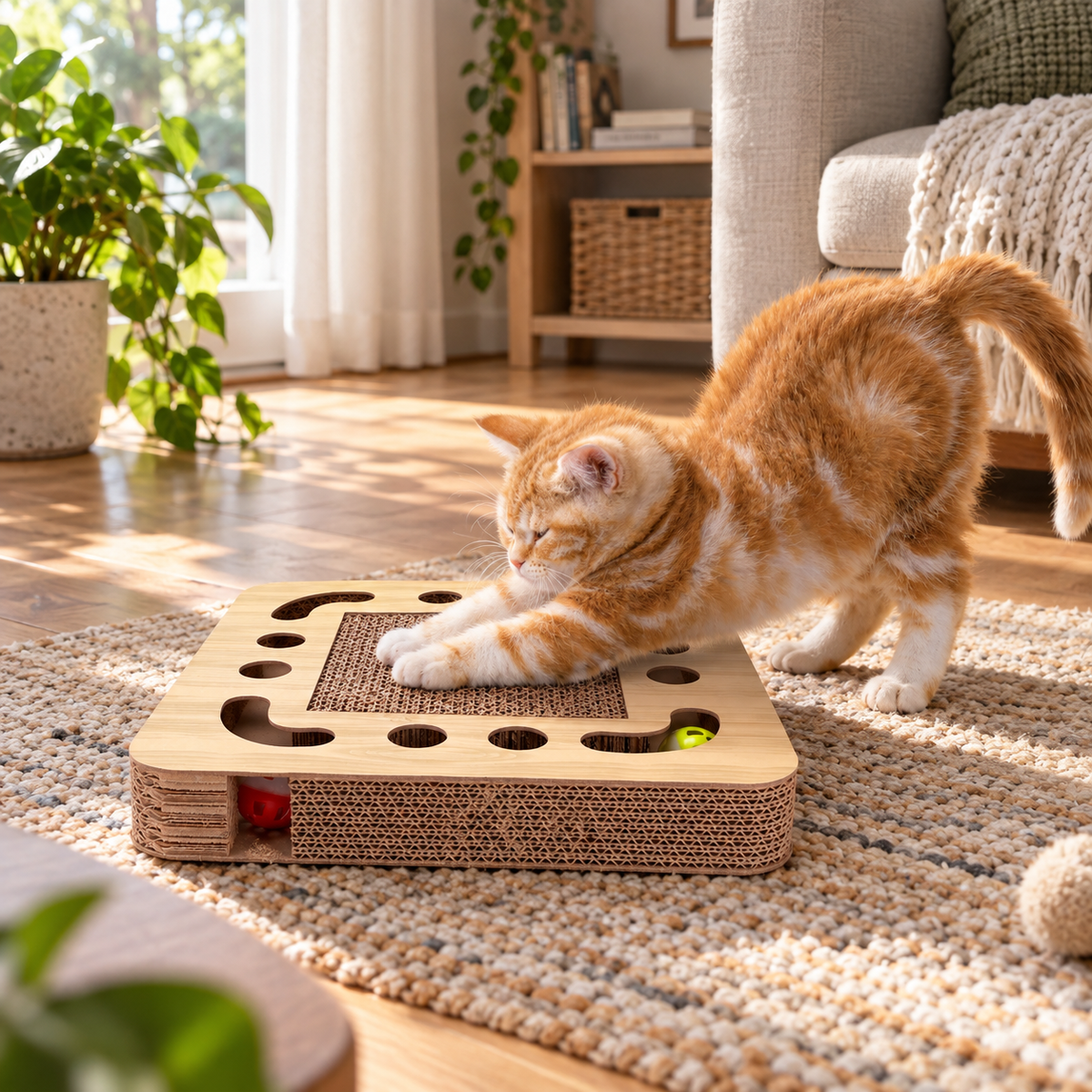Kat speelt met ronde kartonnen PlayRing krabber